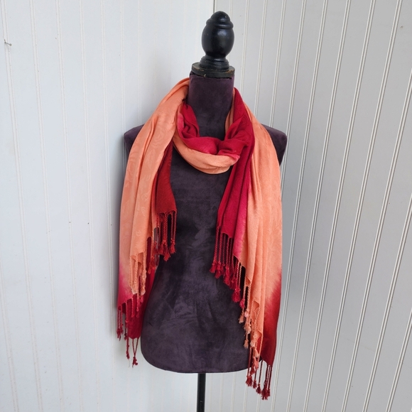 Rachele Burgundy Orange Ombré Scarf Fringe Viscose Soft 77"×28" - Picture 1 of 12